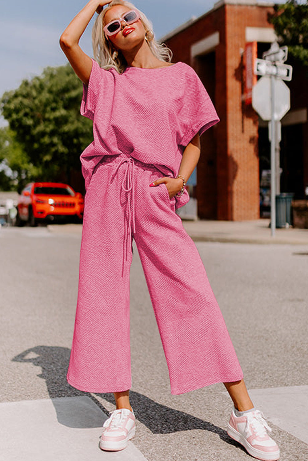Pink Textured Loose Fit T Shirt and Drawstring Pants Set